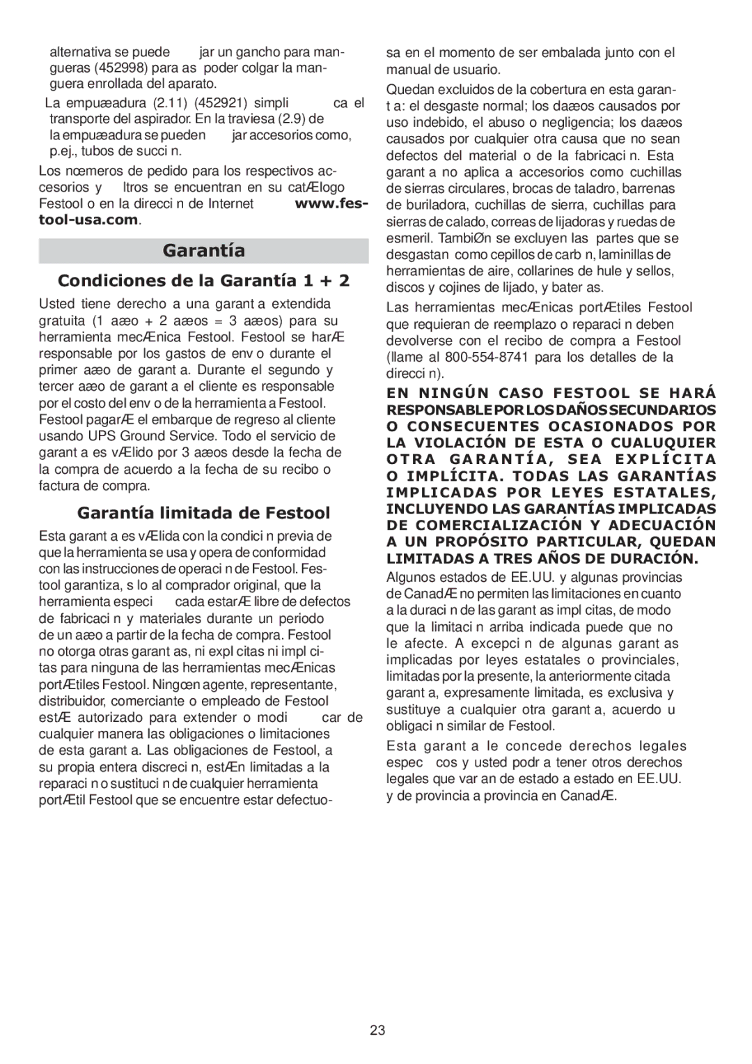 Festool CT 22 E HEPA, CT 33 E HEPA instruction manual Condiciones de la Garantía 1 +, Garantía limitada de Festool 