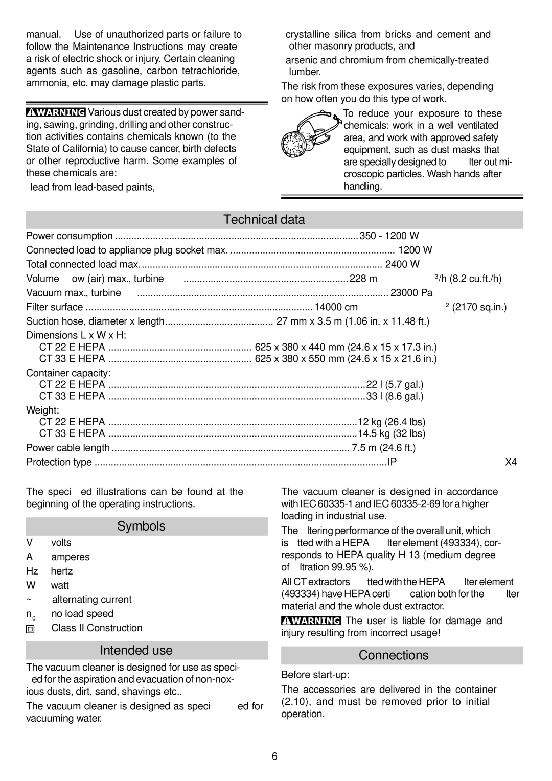 Festool CT 33 E HEPA, CT 22 E HEPA instruction manual Technical data, Symbols, Intended use, Connections, Before start-up 