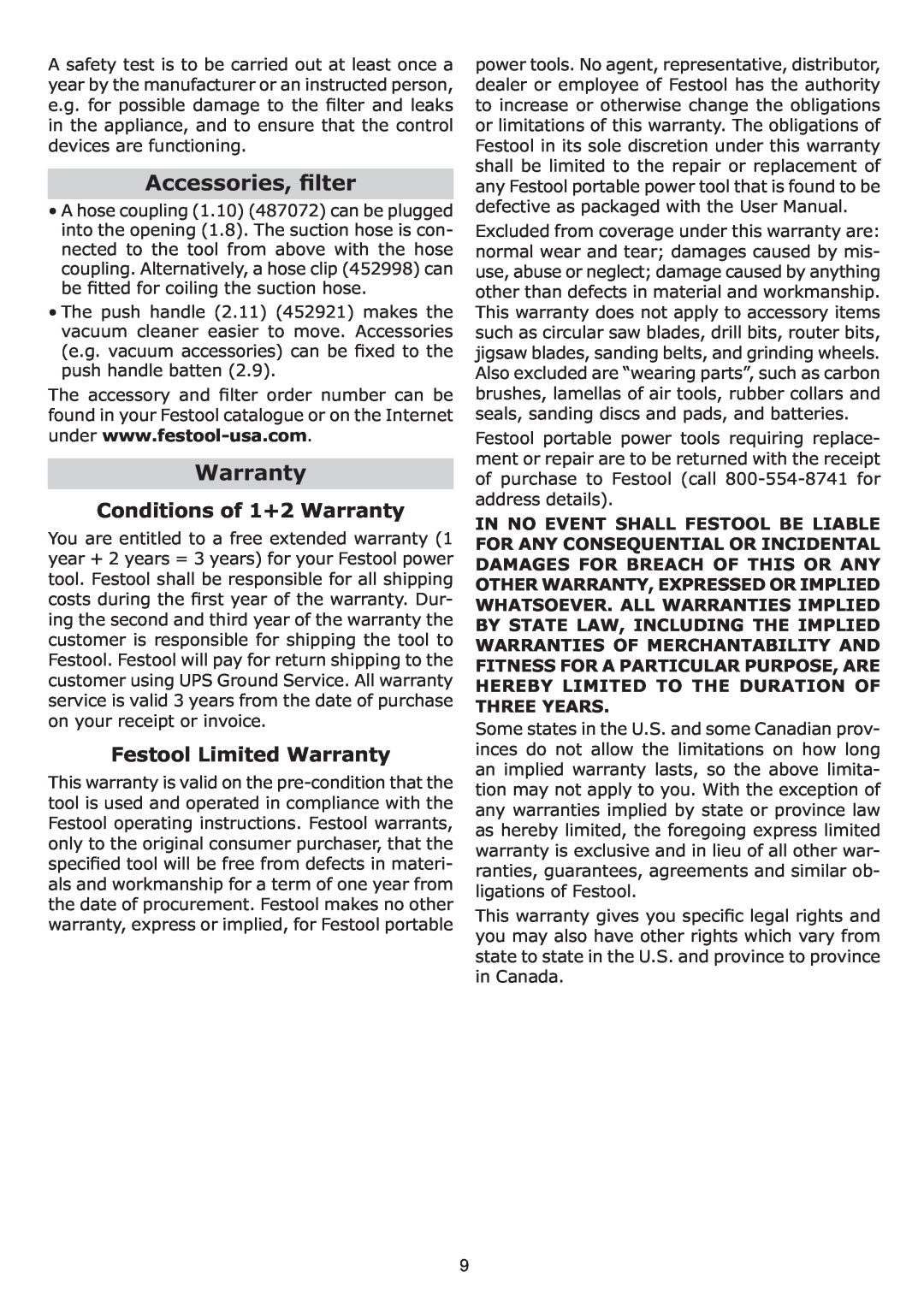 Festool CT 22 E HEPA, CT 33 E HEPA Accessories, ﬁlter, Conditions of 1+2 Warranty, Festool Limited Warranty 