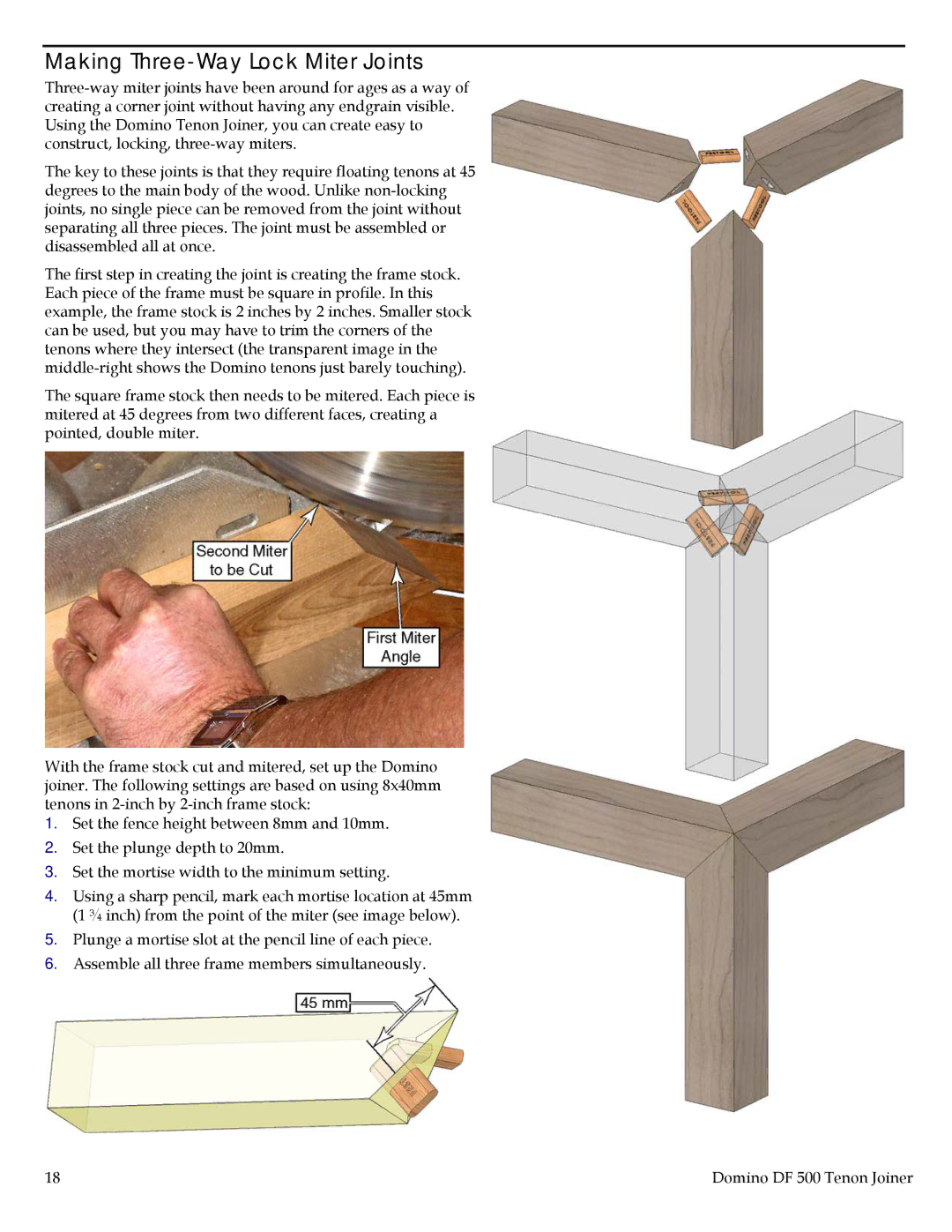 Festool PN574332, DF 500, PI574332, PI574432, PN574432 user manual Making Three-Way Lock Miter Joints 