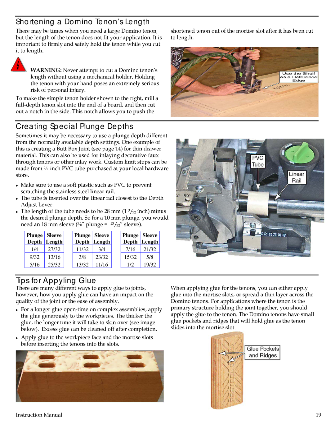 Festool PN574432, DF 500 Shortening a Domino Tenon’s Length, Creating Special Plunge Depths, Tips for Appyling Glue 