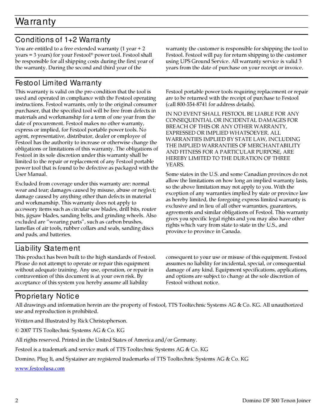 Festool PI574432, DF 500 Conditions of 1+2 Warranty, Festool Limited Warranty, Liability Statement, Proprietary Notice 