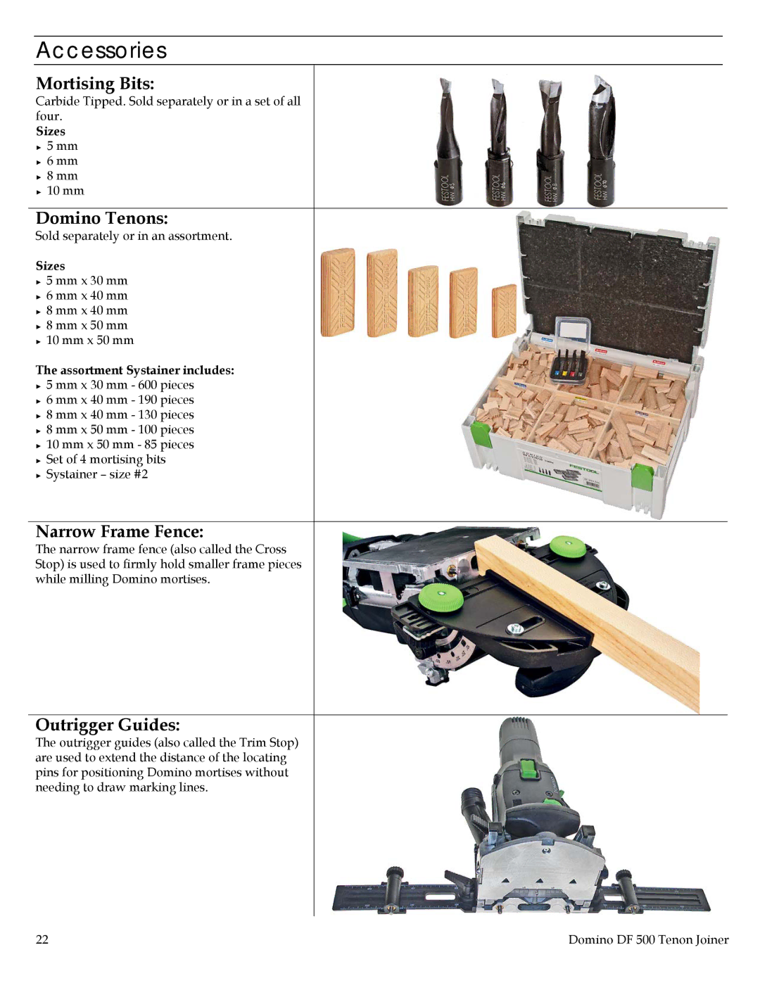 Festool PI574432, DF 500, PI574332, PN574332, PN574432 user manual Accessories, Domino Tenons 