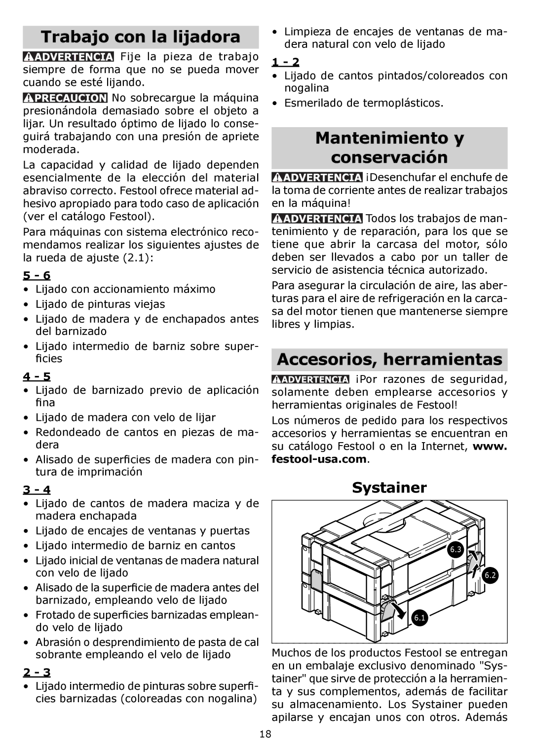 Festool DTS 400 EQ instruction manual Trabajo con la lijadora, Mantenimiento y Conservación, Accesorios, herramientas 