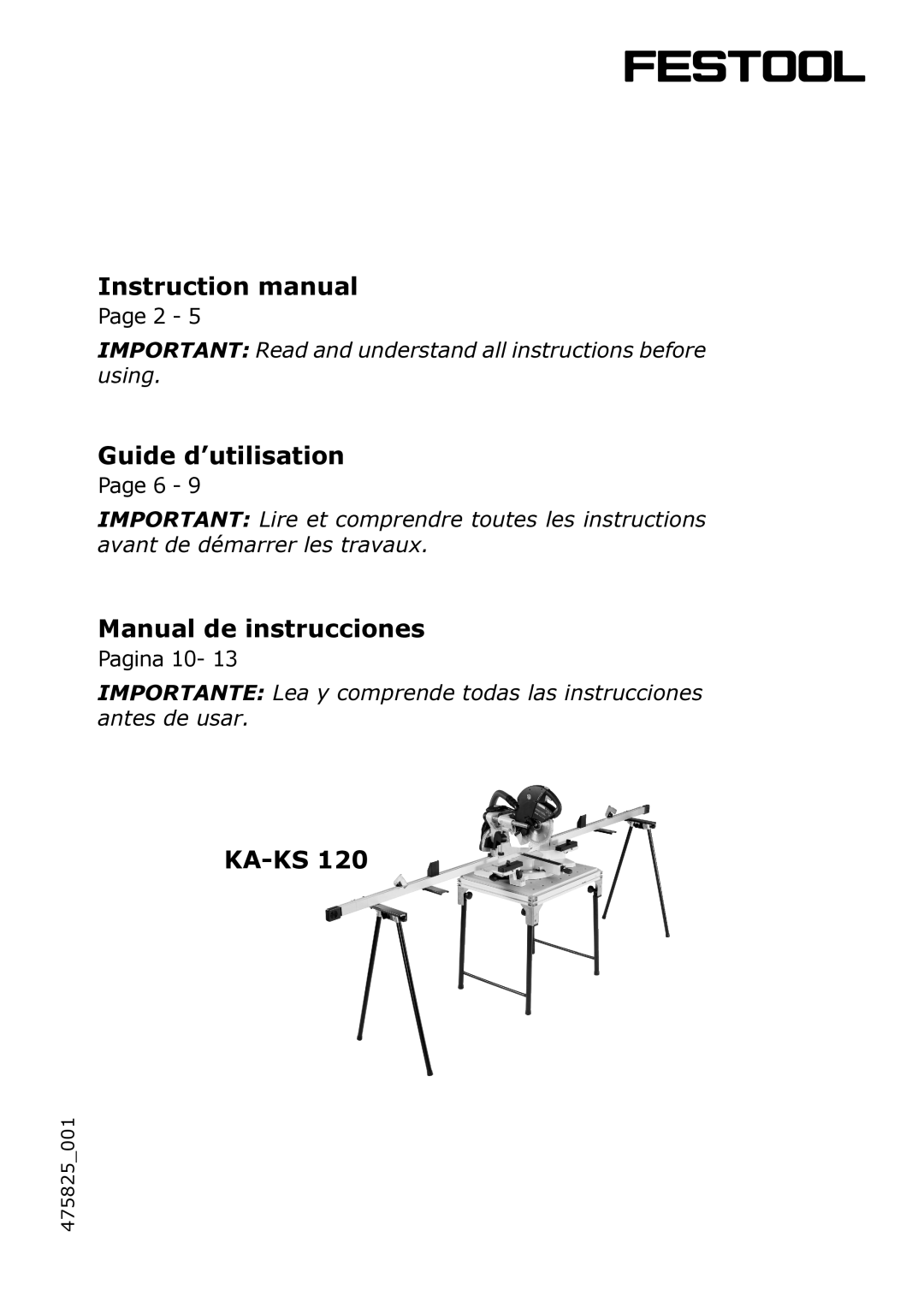 Festool KA-KS 120 instruction manual Ka-Ks, 475825001 