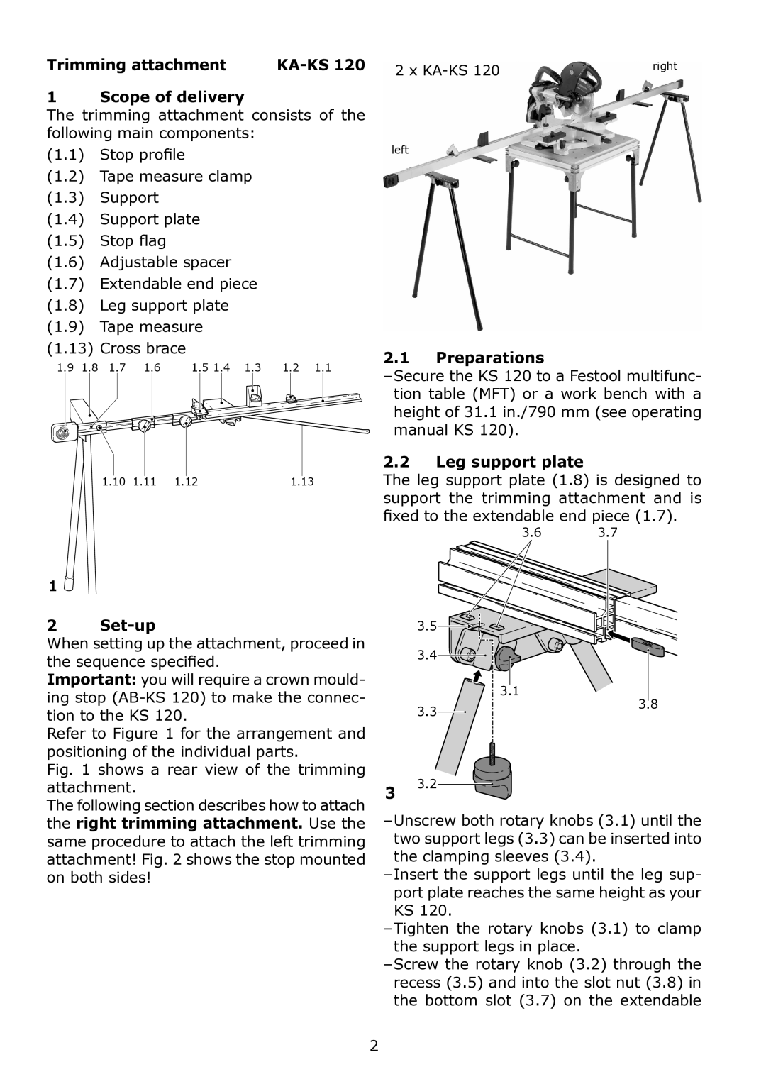 Festool KA-KS 120 instruction manual Trimming attachment, Scope of delivery, Preparations, Leg support plate, Set-up 