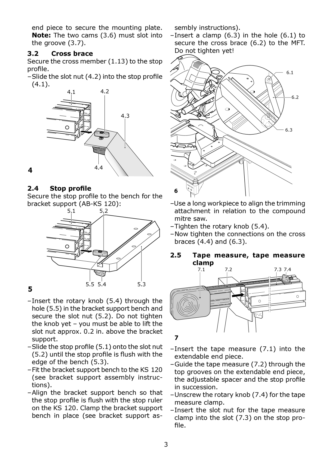 Festool KA-KS 120 instruction manual Cross brace, Stop proﬁle, Tape measure, tape measure Clamp 