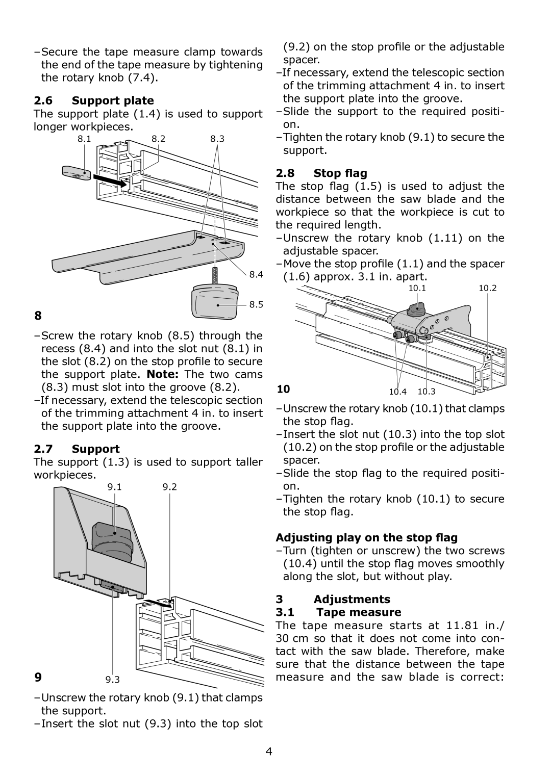 Festool KA-KS 120 instruction manual Support plate, Stop ﬂag, Adjusting play on the stop ﬂag, Adjustments Tape measure 