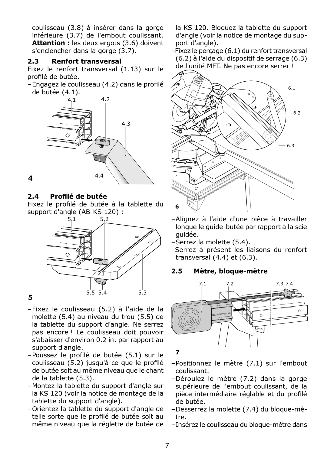 Festool KA-KS 120 instruction manual Renfort transversal, Proﬁlé de butée, Mètre, bloque-mètre 