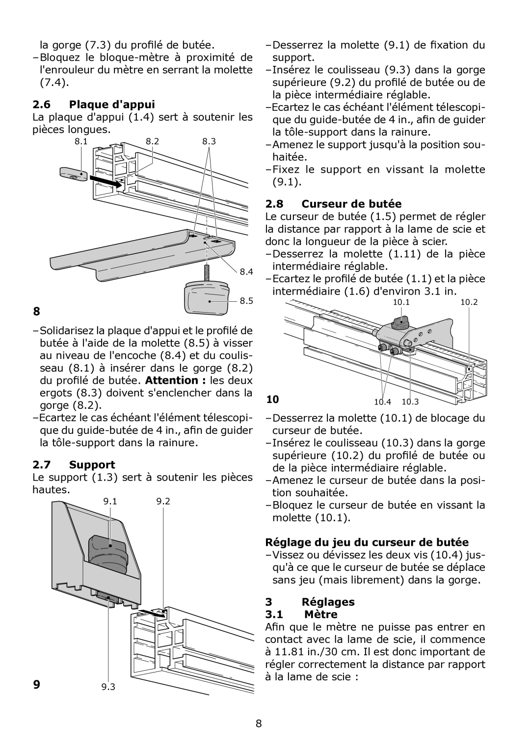 Festool KA-KS 120 instruction manual Plaque dappui, Curseur de butée, Réglage du jeu du curseur de butée, Réglages Mètre 