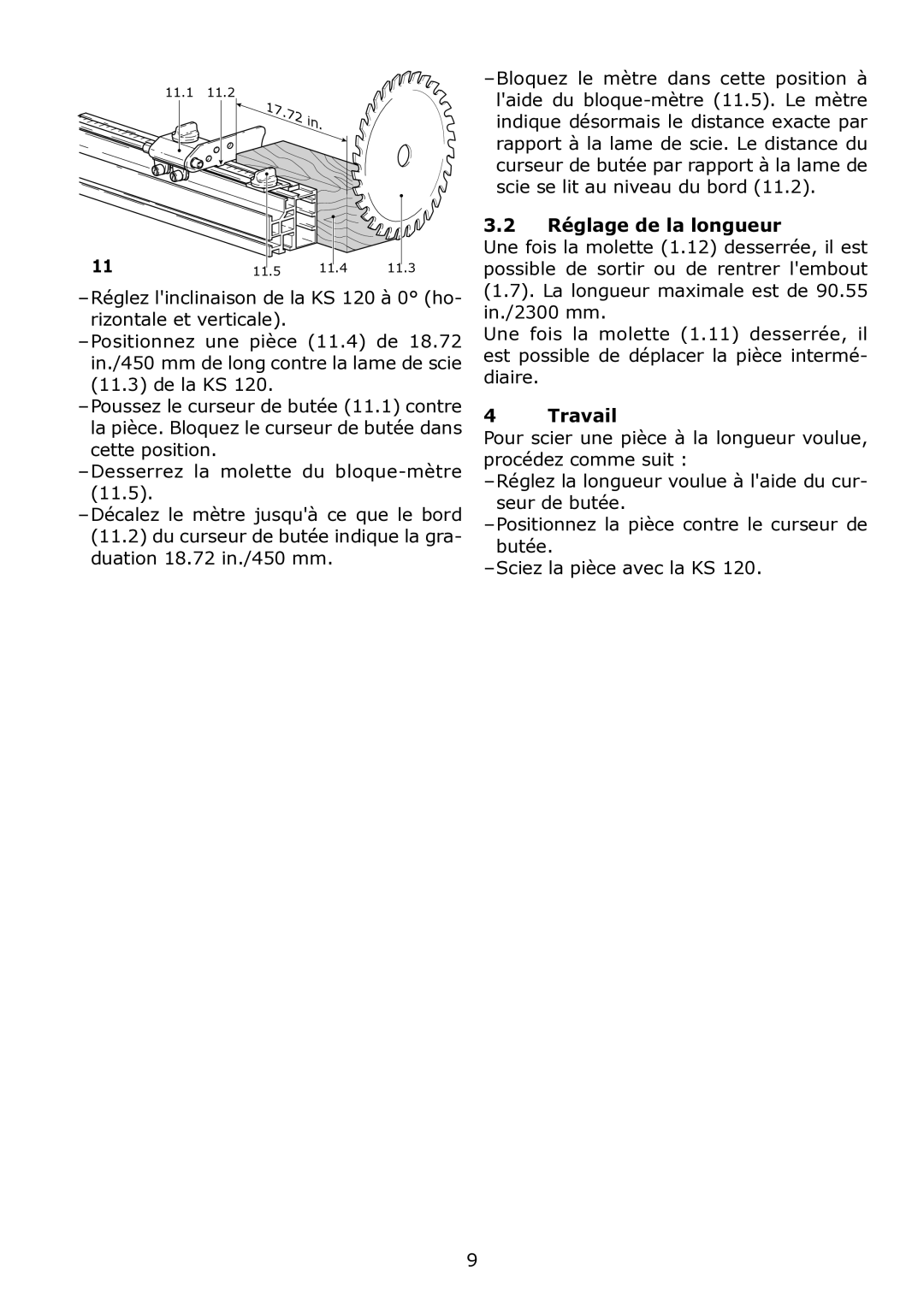 Festool KA-KS 120 instruction manual Réglage de la longueur, Travail 