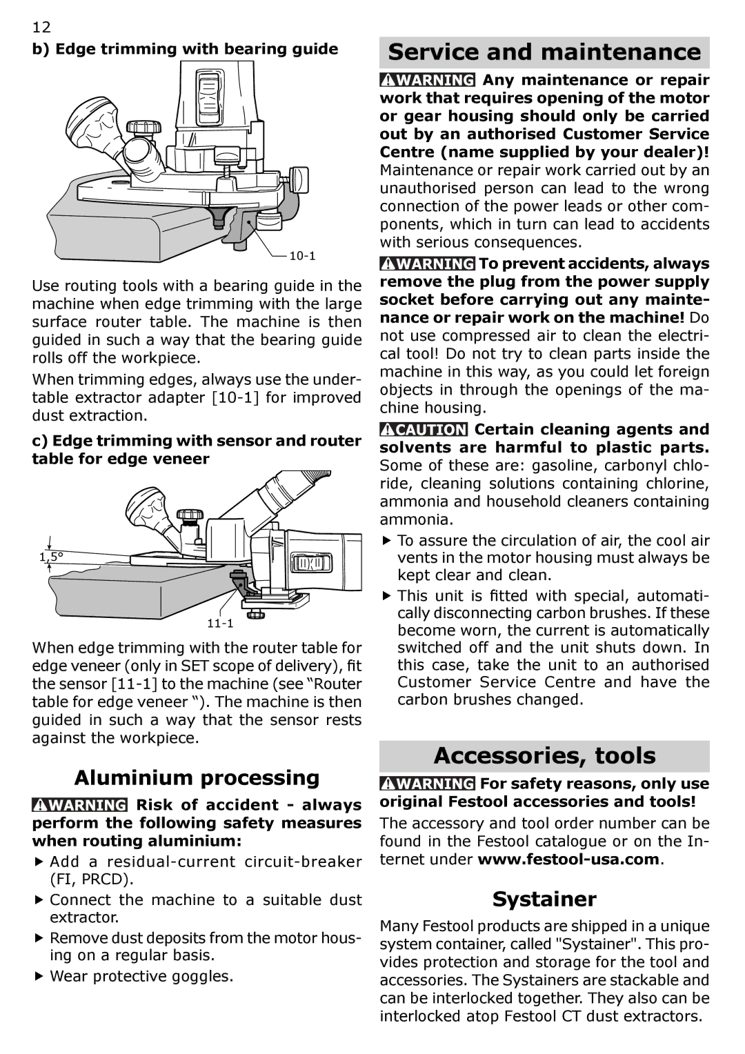 Festool MFK 700 instruction manual Service and maintenance, Accessories, tools, Aluminium processing, Systainer 