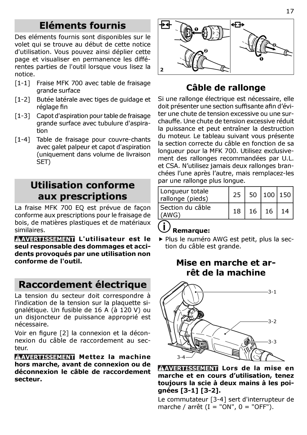 Festool MFK 700 Eléments fournis, Utilisation conforme Aux prescriptions, Raccordement électrique, Câble de rallonge 