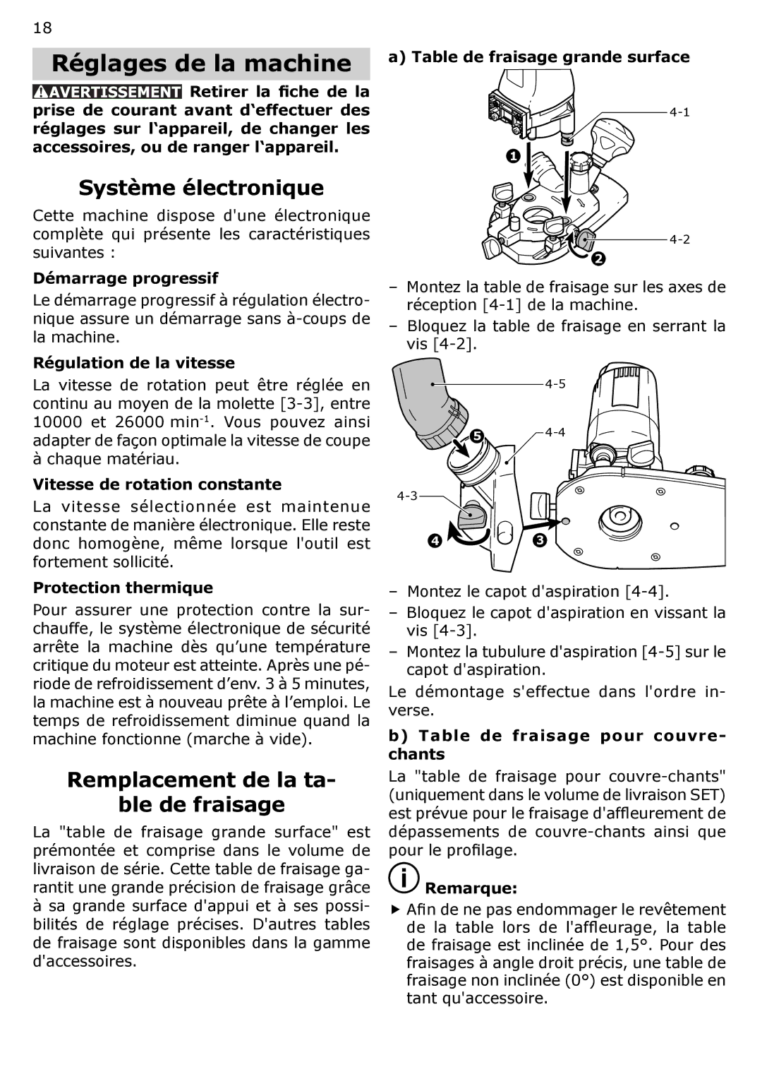 Festool MFK 700 instruction manual Réglages de la machine, Système électronique, Remplacement de la ta Ble de fraisage 