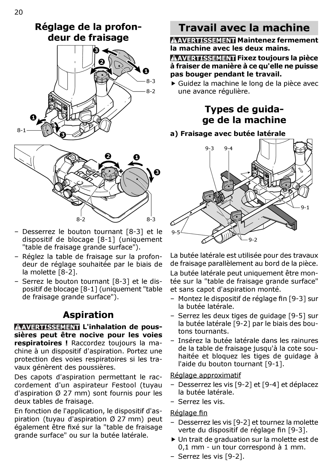 Festool MFK 700 Travail avec la machine, Réglage de la profon Deur de fraisage, Aspiration, Fraisage avec butée latérale 