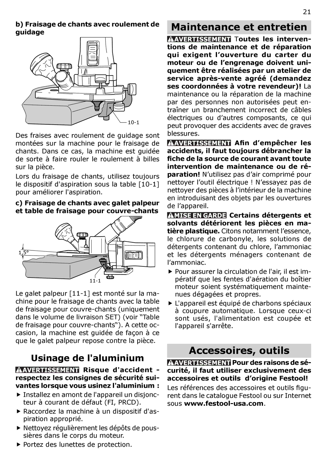 Festool MFK 700 instruction manual Maintenance et entretien, Accessoires, outils, Usinage de laluminium 