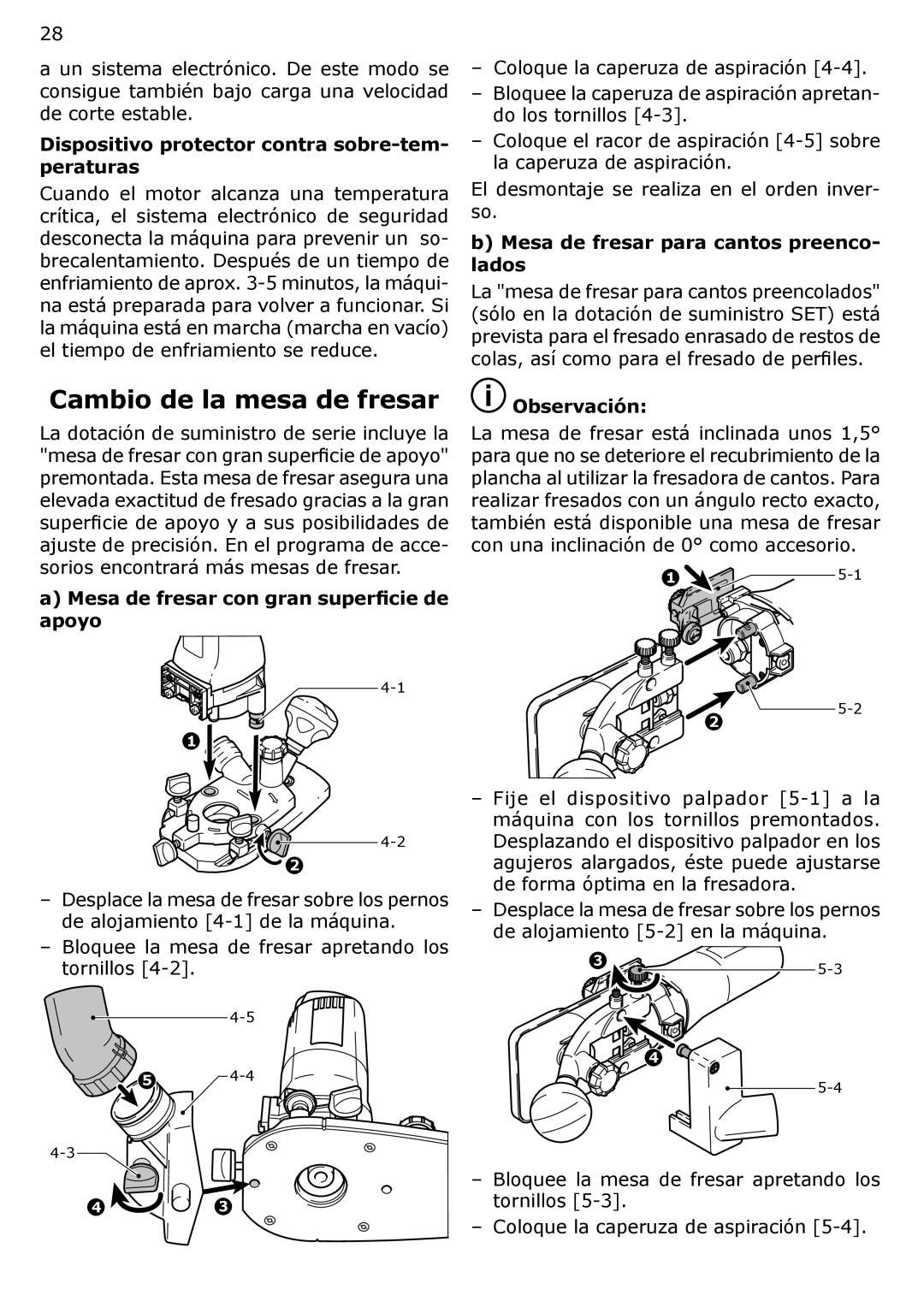 Festool MFK 700 instruction manual Cambio de la mesa de fresar, Dispositivo protector contra sobre-tem- peraturas 