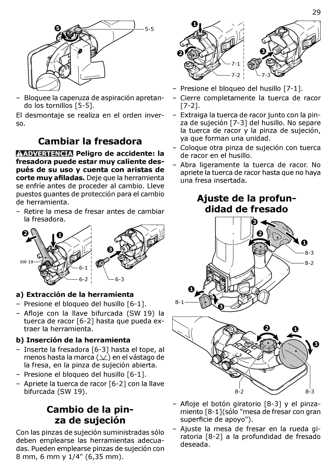 Festool MFK 700 Cambiar la fresadora, Ajuste de la profun Didad de fresado, Cambio de la pin Za de sujeción 