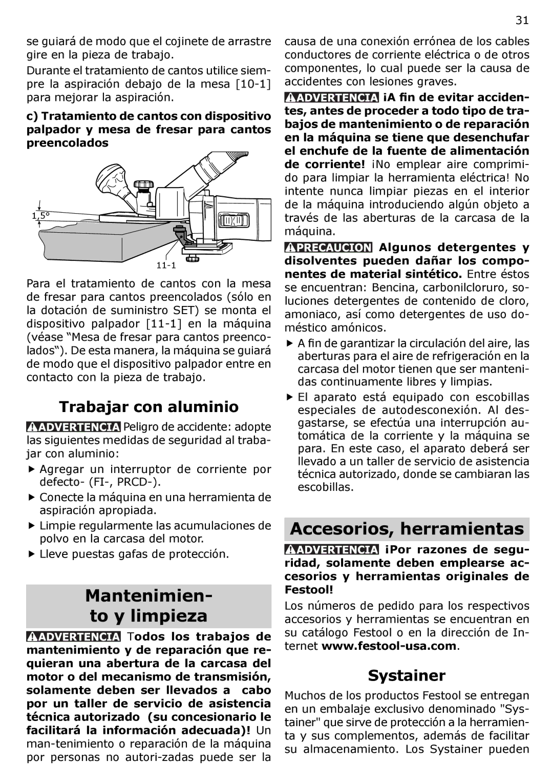 Festool MFK 700 instruction manual Mantenimien- to y limpieza, Accesorios, herramientas, Trabajar con aluminio 