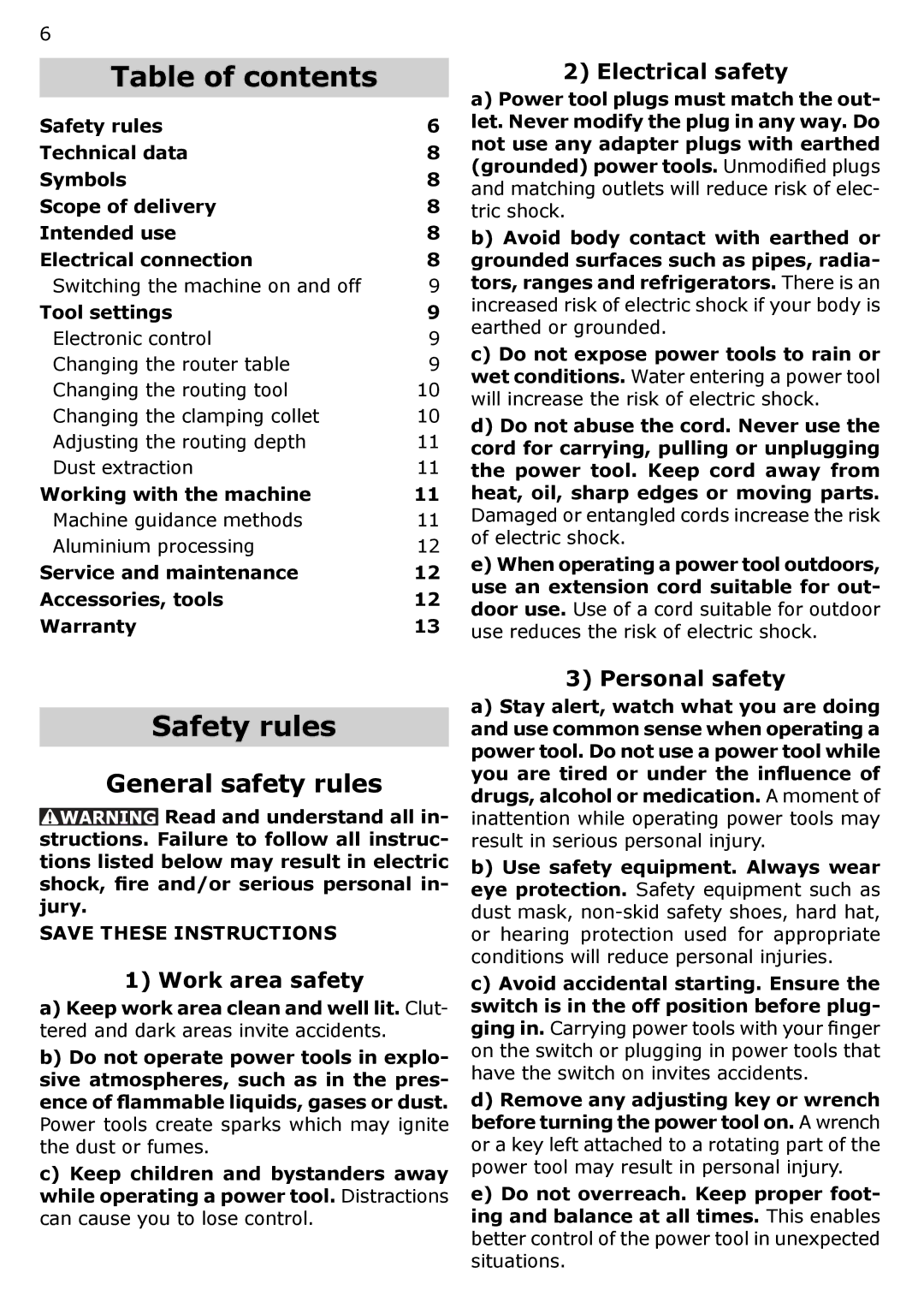 Festool MFK 700 instruction manual Table of contents, Safety rules 