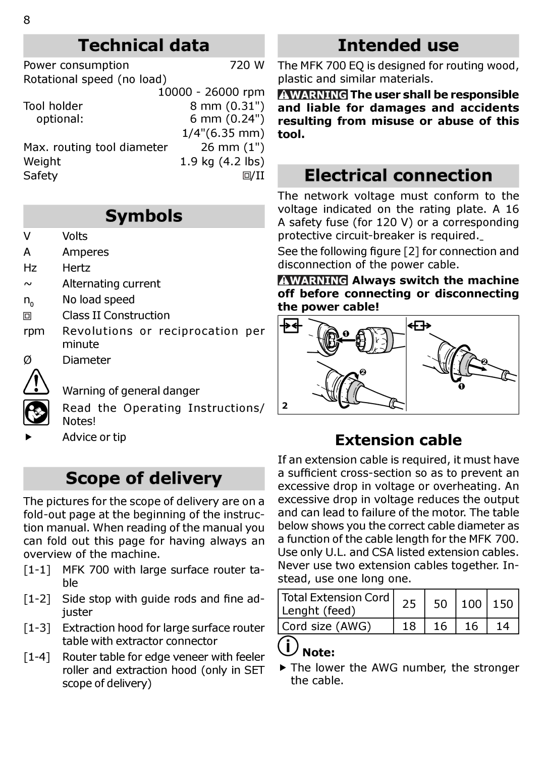 Festool MFK 700 instruction manual Technical data, Symbols, Scope of delivery, Intended use, Electrical connection 