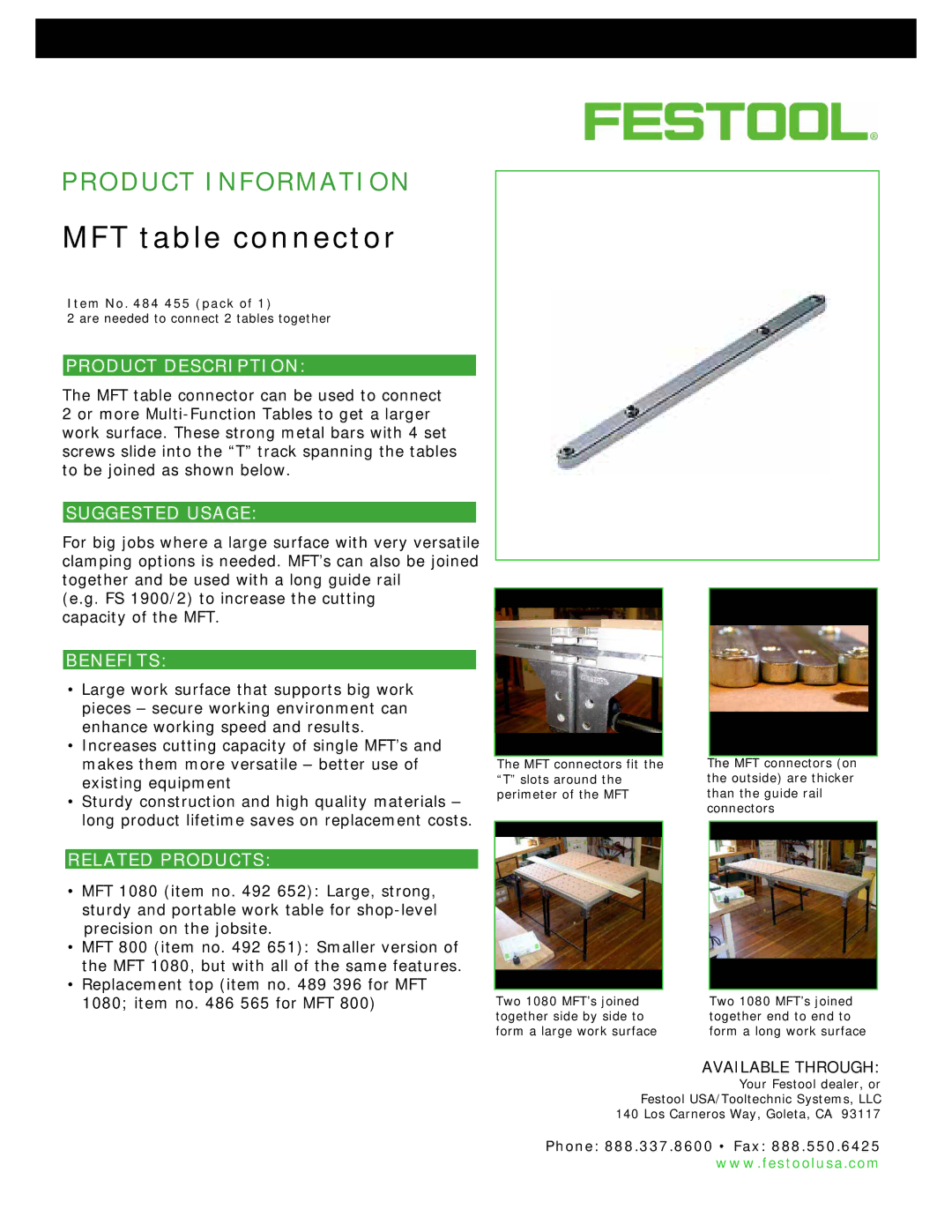 Festool MFT 1080 manual MFT table connector, Product Description, Suggested Usage, Benefits, Related Products 