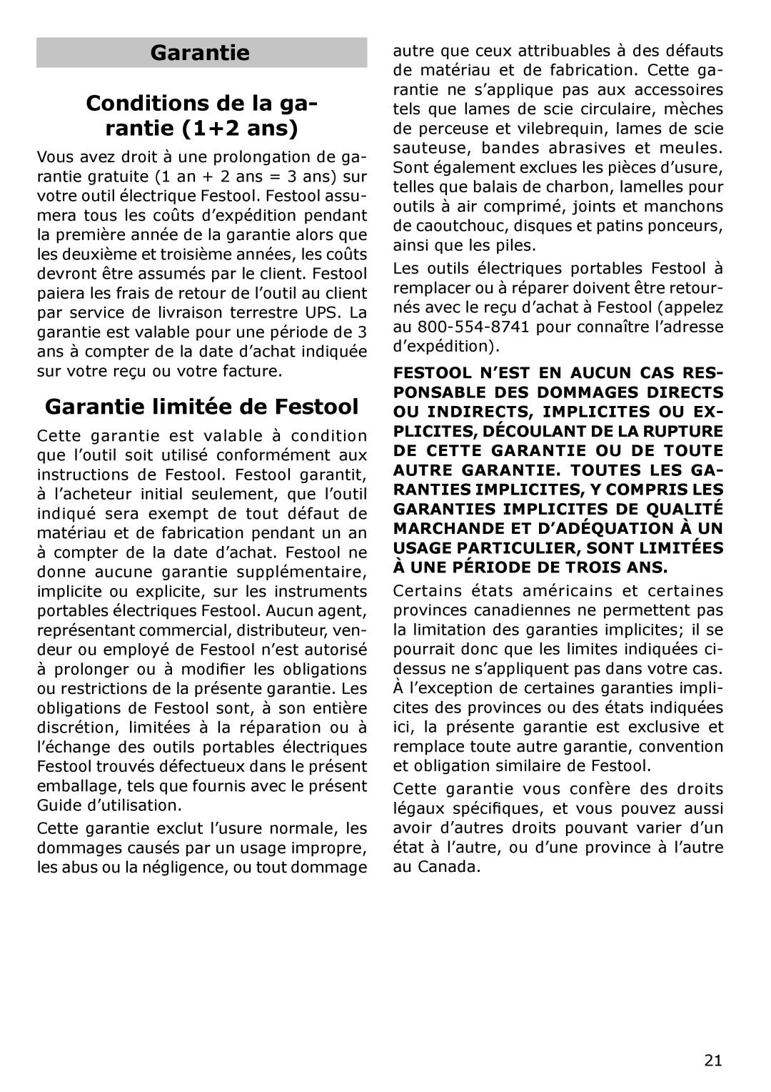 Festool MFT/3, MFT/KAPEX instruction manual Garantie Conditions de la ga Rantie 1+2 ans, Garantie limitée de Festool 