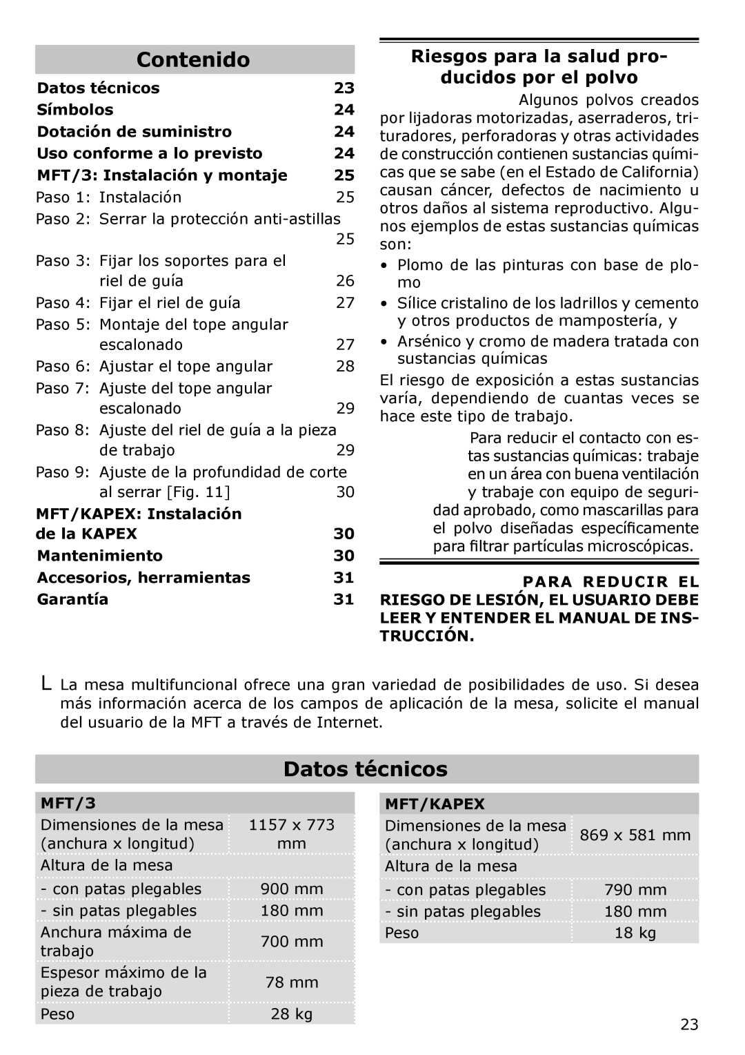 Festool MFT/3, MFT/KAPEX instruction manual Contenido, Datos técnicos, Riesgos para la salud pro, Ducidos por el polvo 