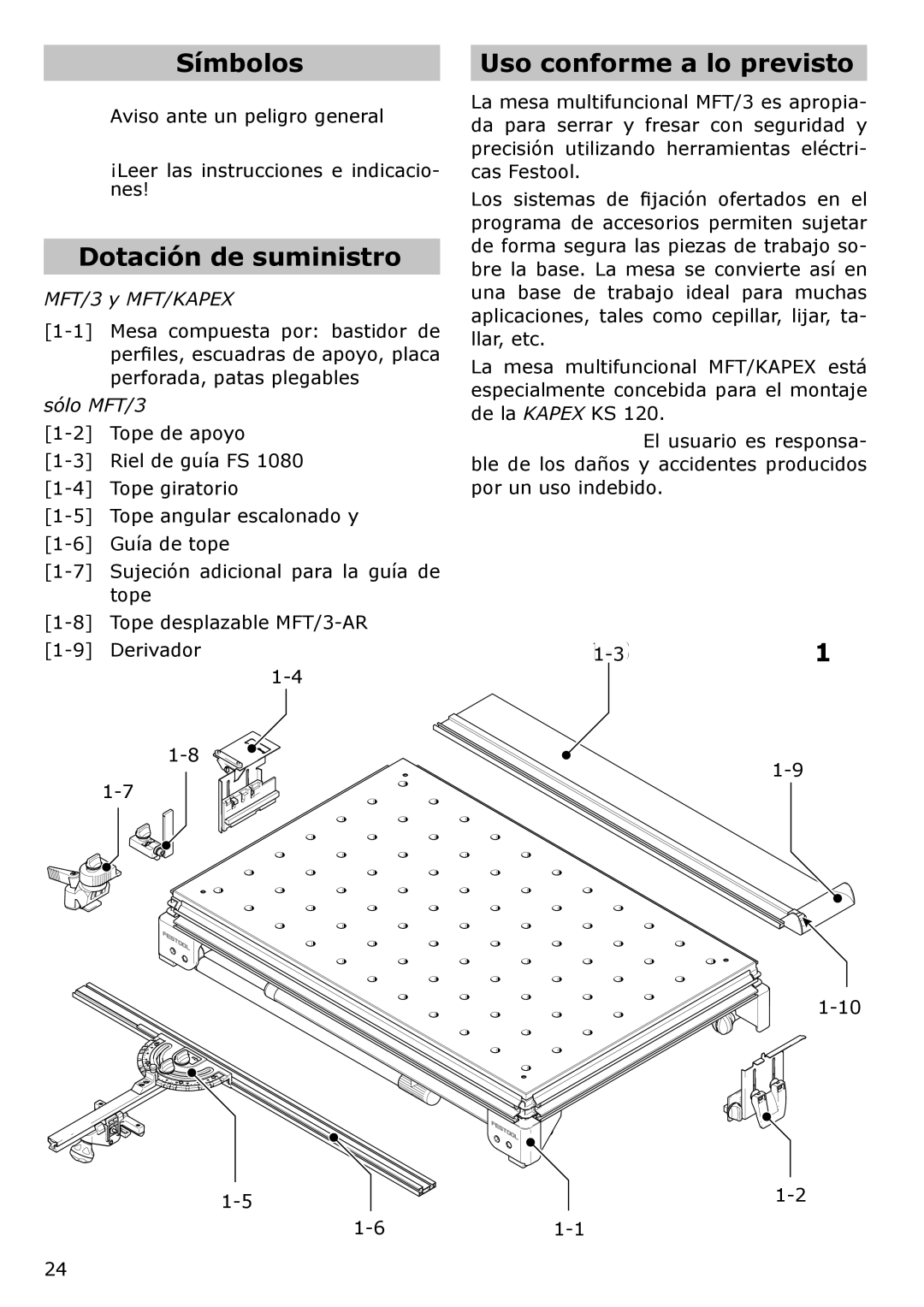 Festool MFT/KAPEX, MFT/3 instruction manual Símbolos, Dotación de suministro, Uso conforme a lo previsto 