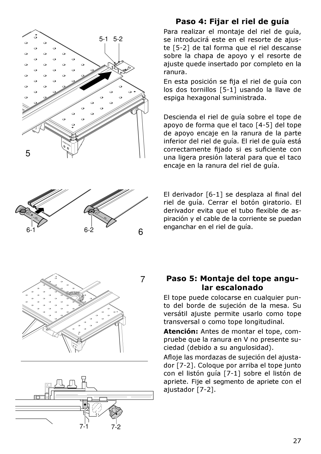 Festool MFT/3, MFT/KAPEX instruction manual Paso 4 Fijar el riel de guía, Paso 5 Montaje del tope angu Lar escalonado 