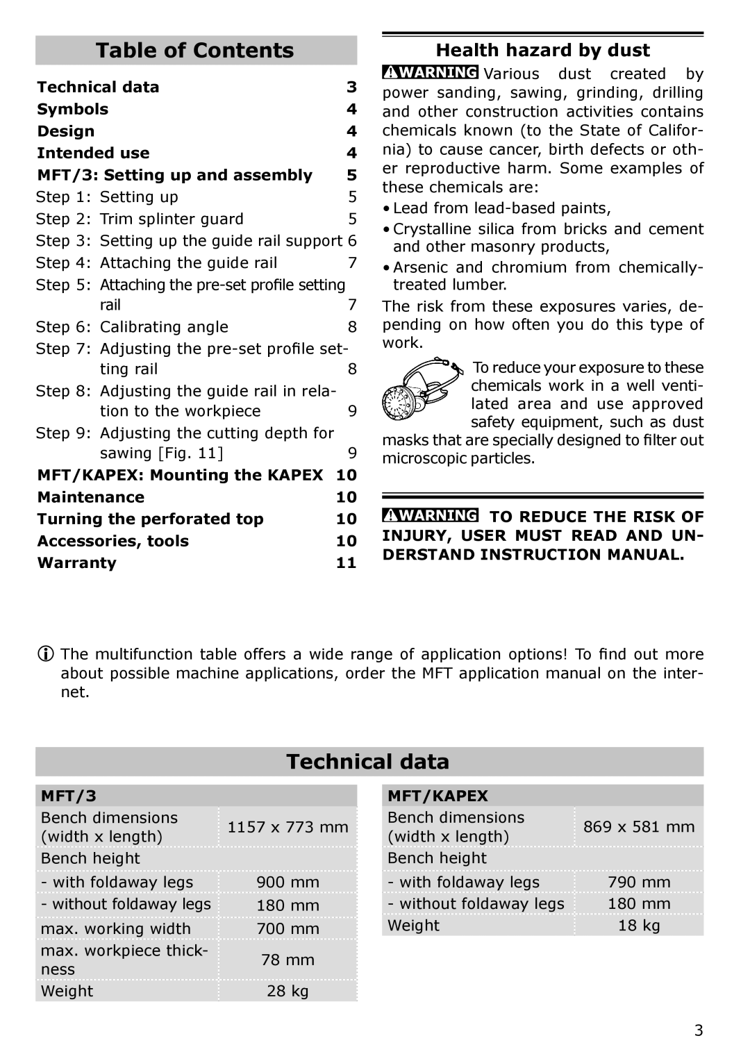 Festool MFT/3, MFT/KAPEX instruction manual Table of Contents, Technical data 