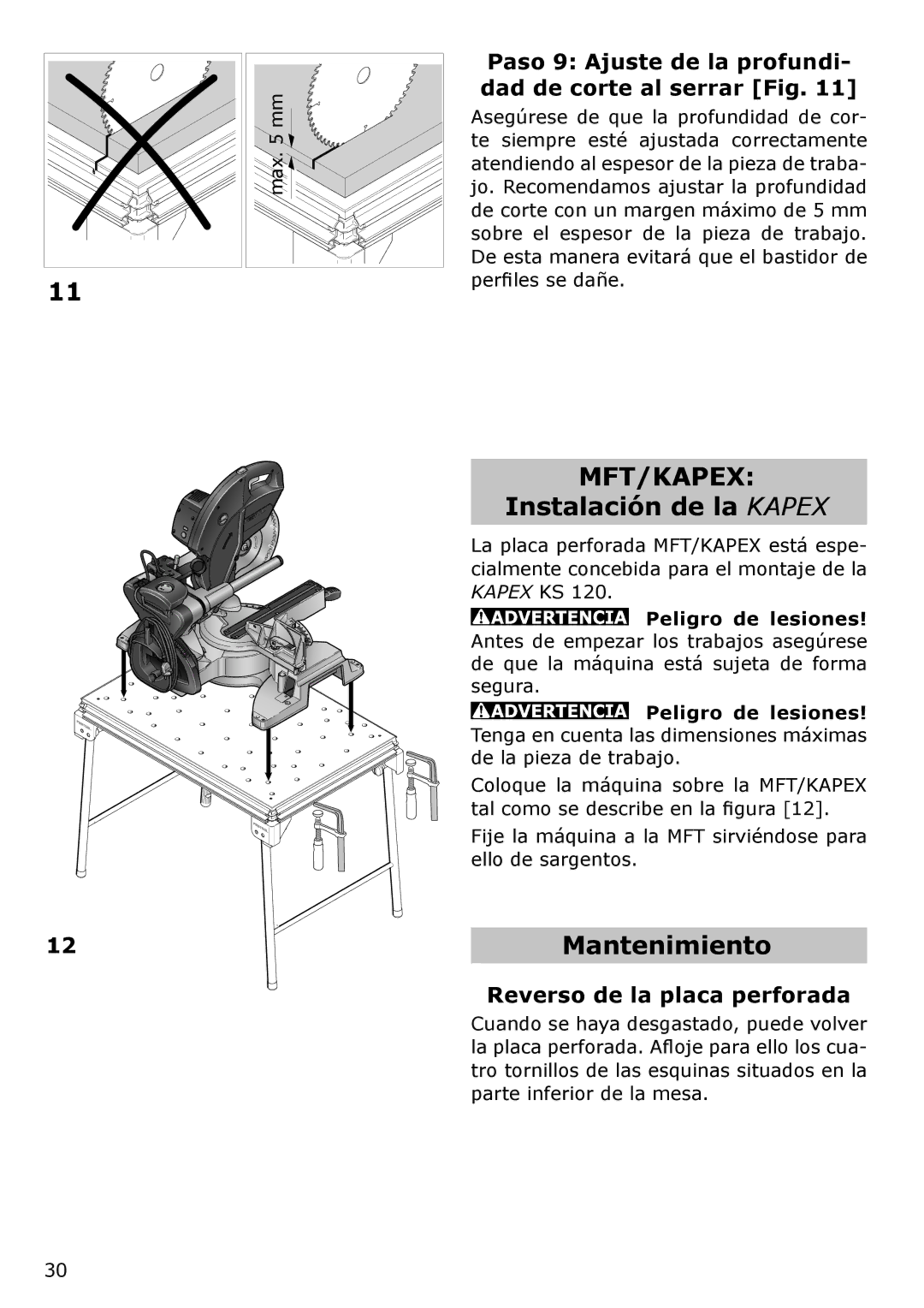 Festool MFT/KAPEX, MFT/3 instruction manual Instalación de la Kapex, Mantenimiento, Reverso de la placa perforada 