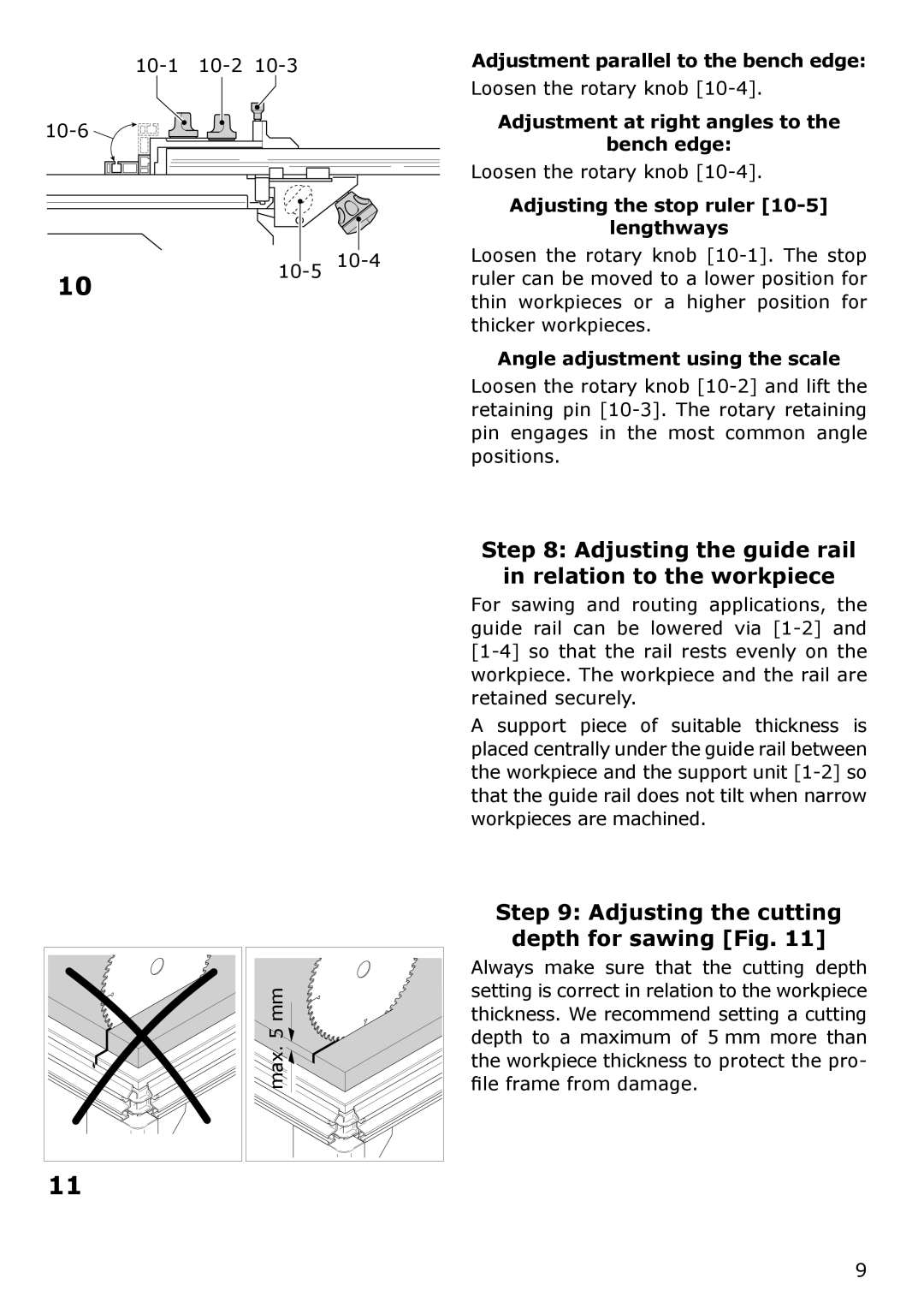 Festool MFT/3, MFT/KAPEX Adjusting the guide rail Relation to the workpiece, Adjustment parallel to the bench edge 