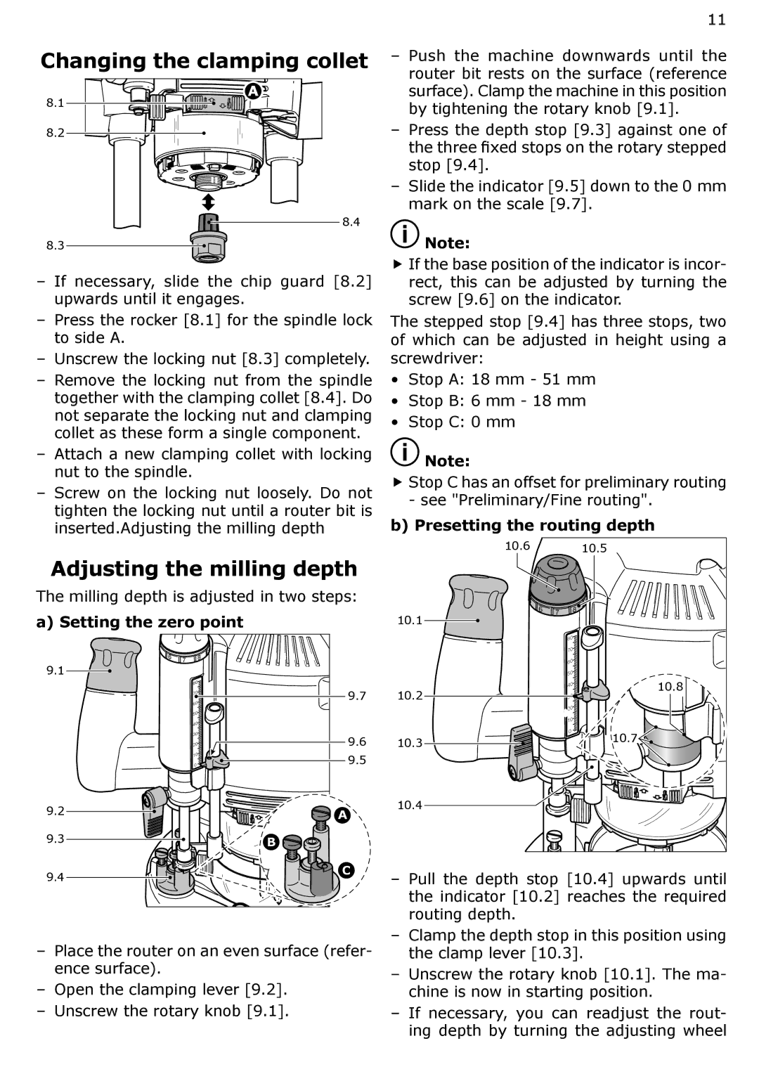 Festool OF 2200 EB, PAC574354 Changing the clamping collet, Adjusting the milling depth, Setting the zero point 