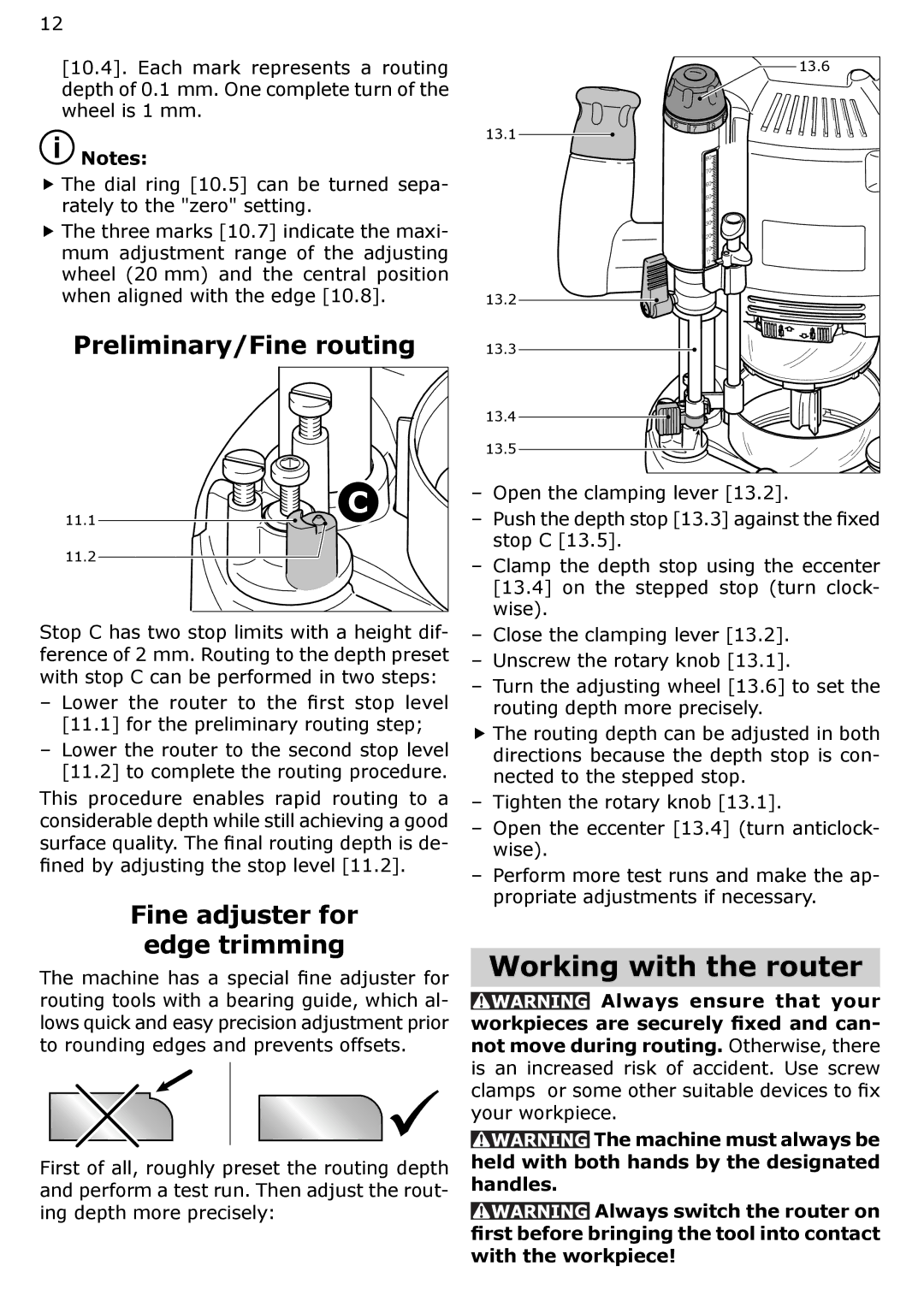 Festool PAC574354, OF 2200 EB Working with the router, Preliminary/Fine routing, Fine adjuster for Edge trimming 