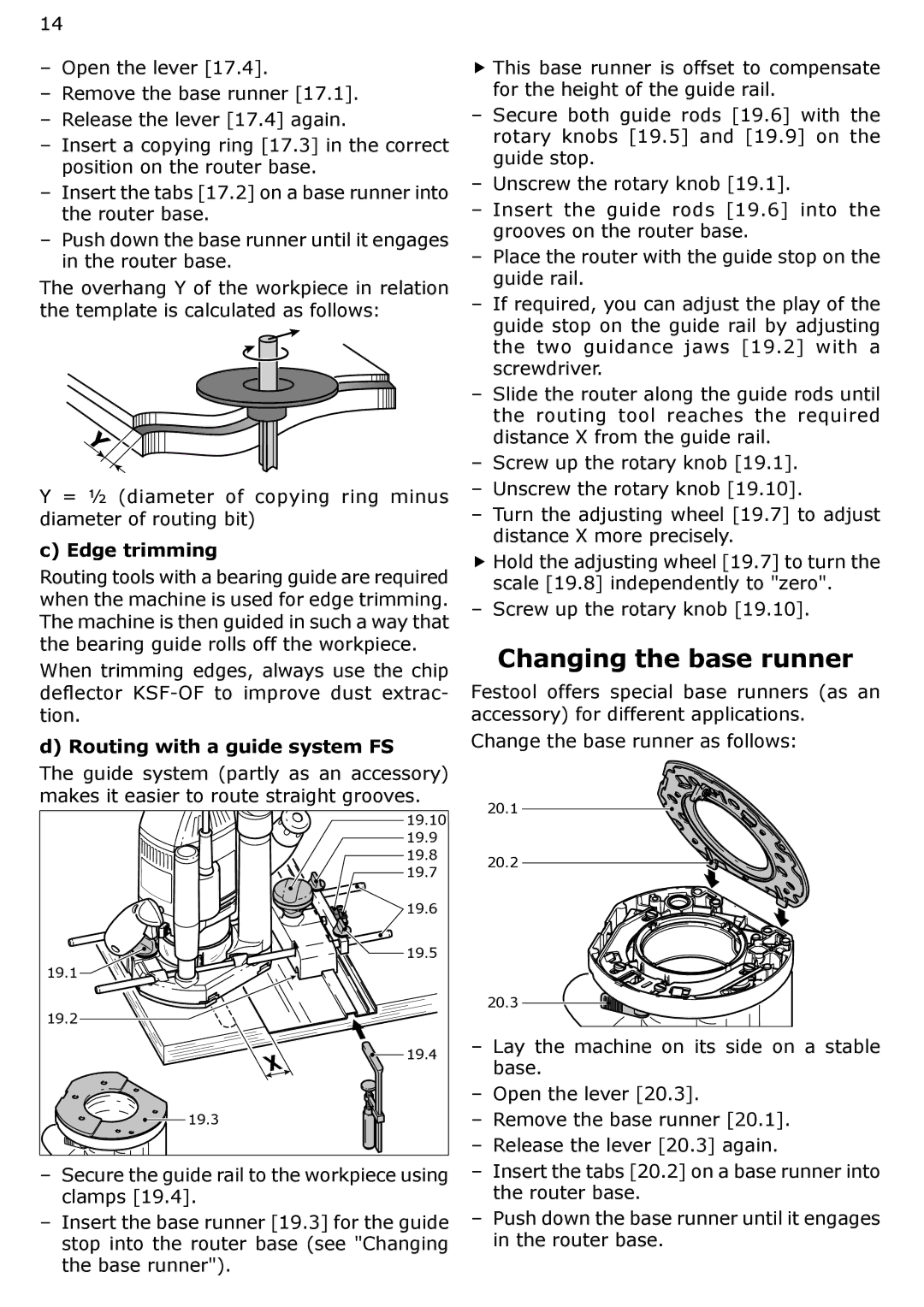 Festool PAC574354, OF 2200 EB instruction manual Changing the base runner, Edge trimming, Routing with a guide system FS 