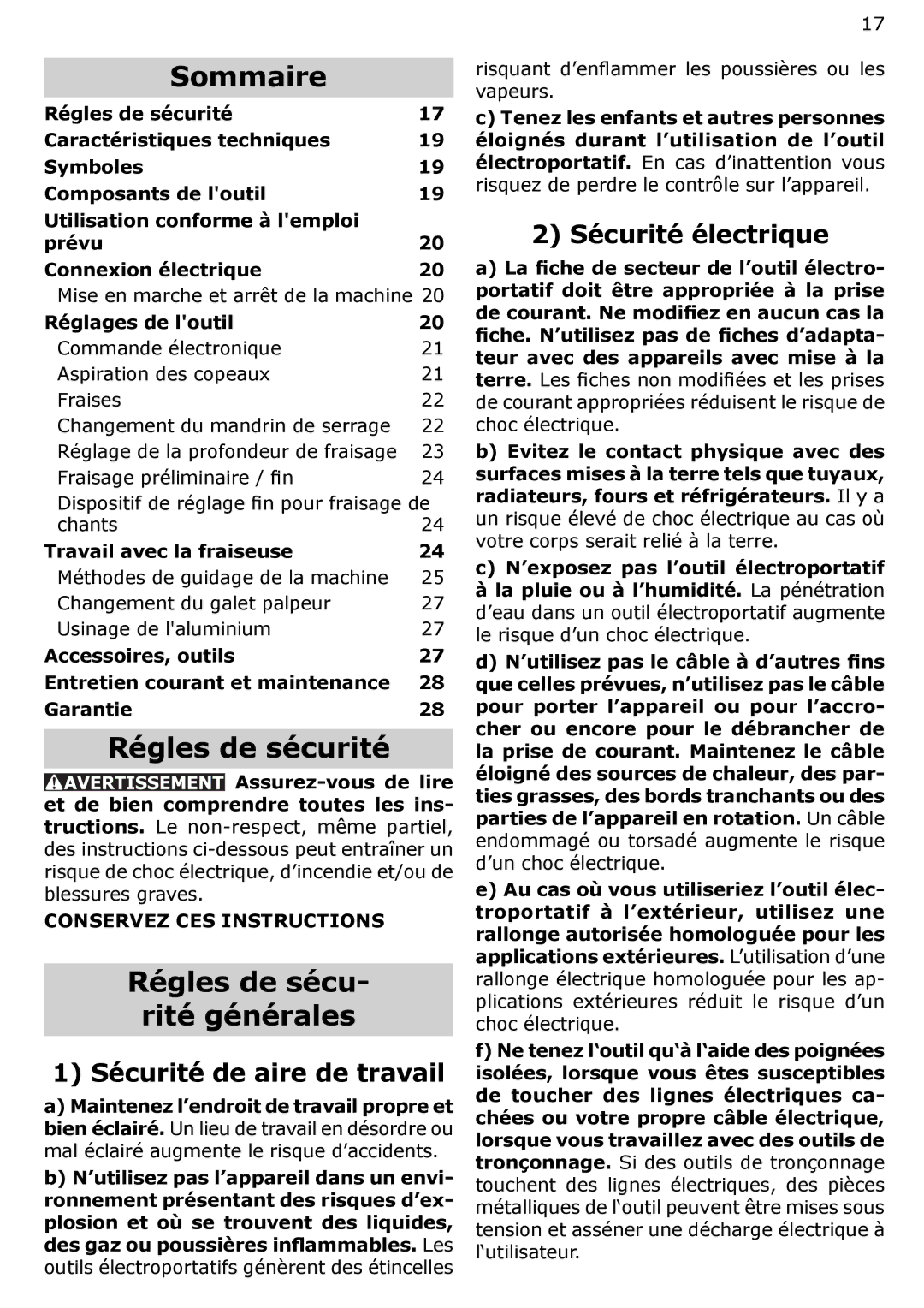 Festool OF 2200 EB, PAC574354 instruction manual Sommaire, Régles de sécu, Sécurité électrique, Sécurité de aire de travail 