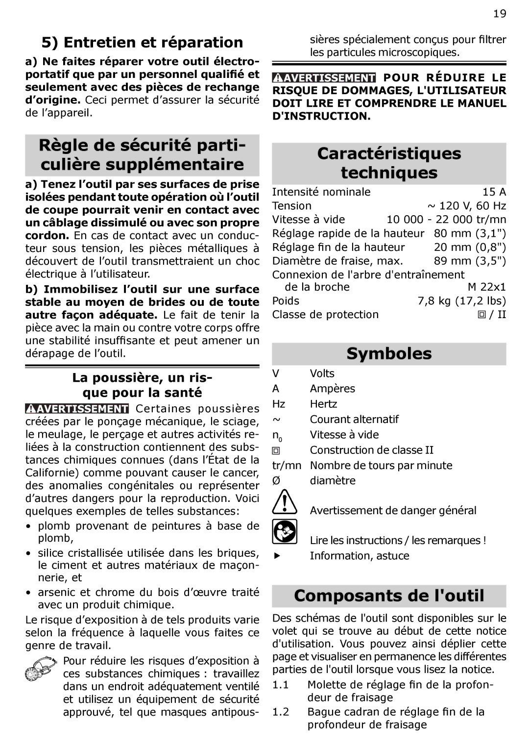 Festool OF 2200 EB, PAC574354 Caractéristiques Techniques, Symboles, Composants de loutil, Entretien et réparation 