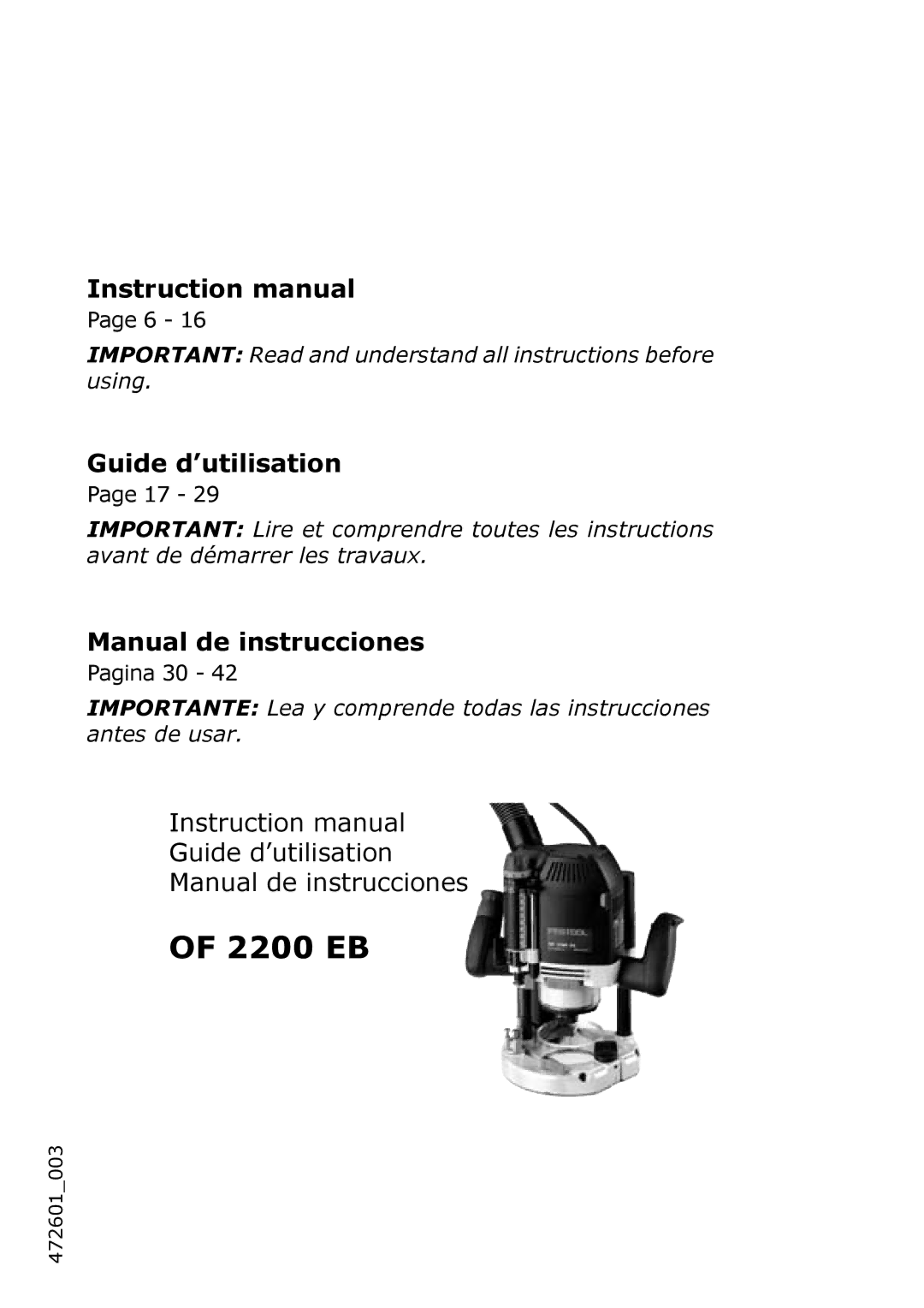 Festool PAC574354, OF 2200 EB instruction manual 