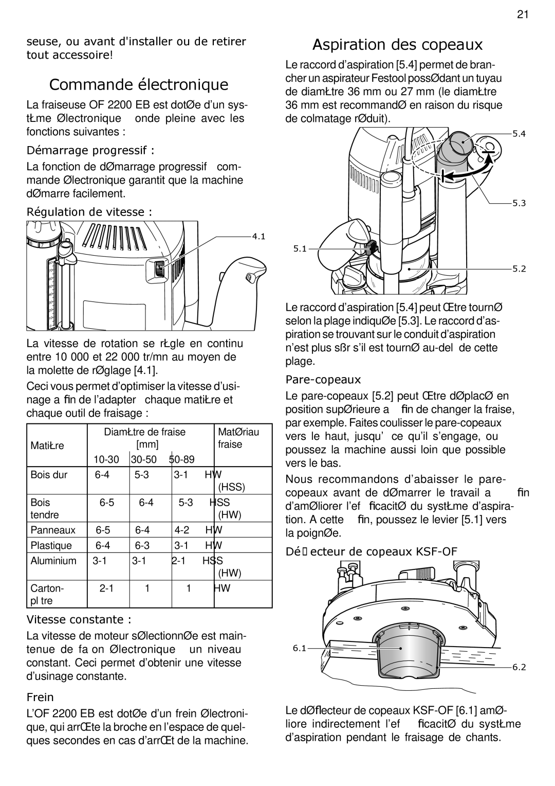 Festool OF 2200 EB, PAC574354 instruction manual Commande électronique, Aspiration des copeaux 