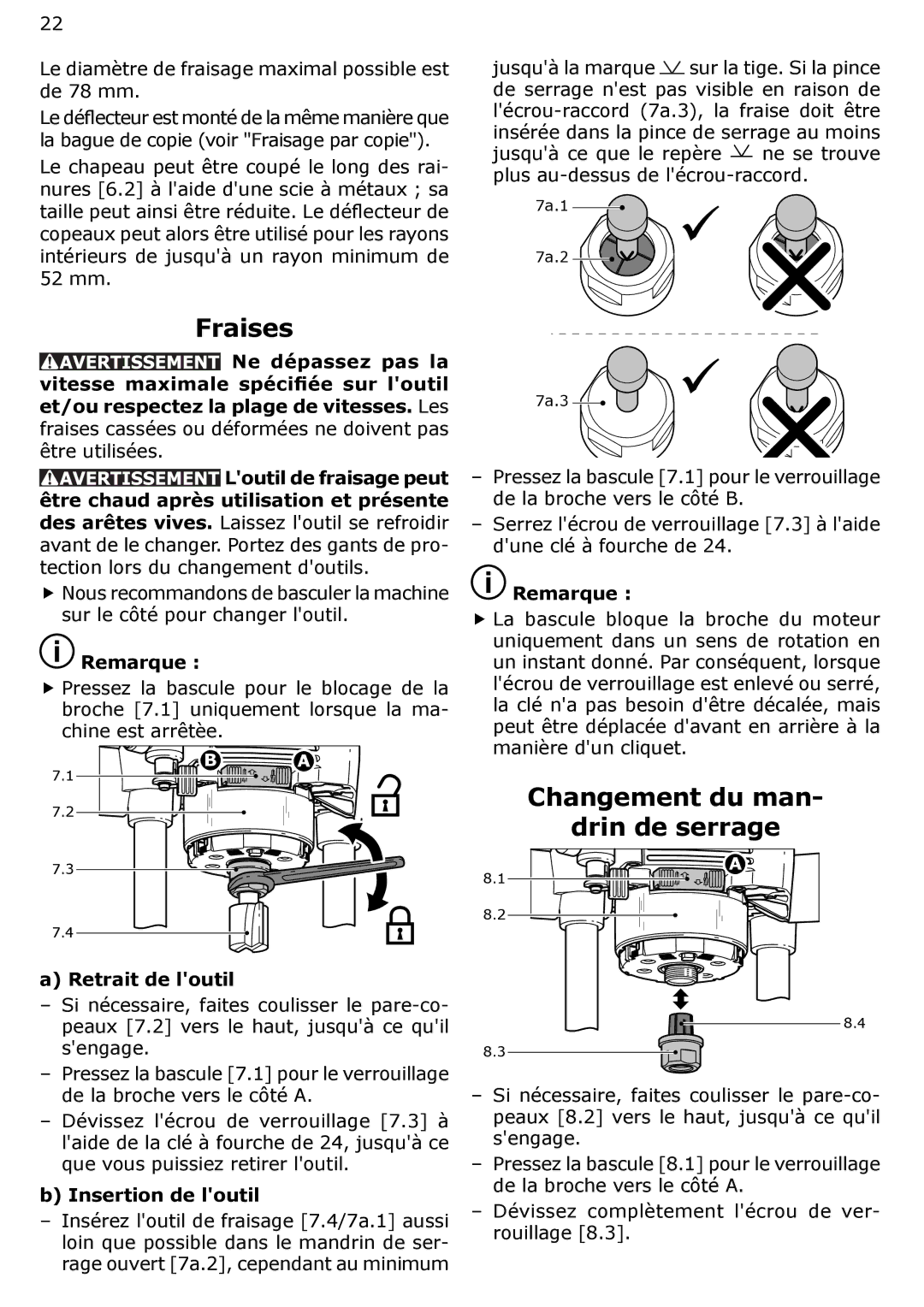 Festool PAC574354, OF 2200 EB Fraises, Changement du man Drin de serrage, Retrait de loutil, Insertion de loutil 