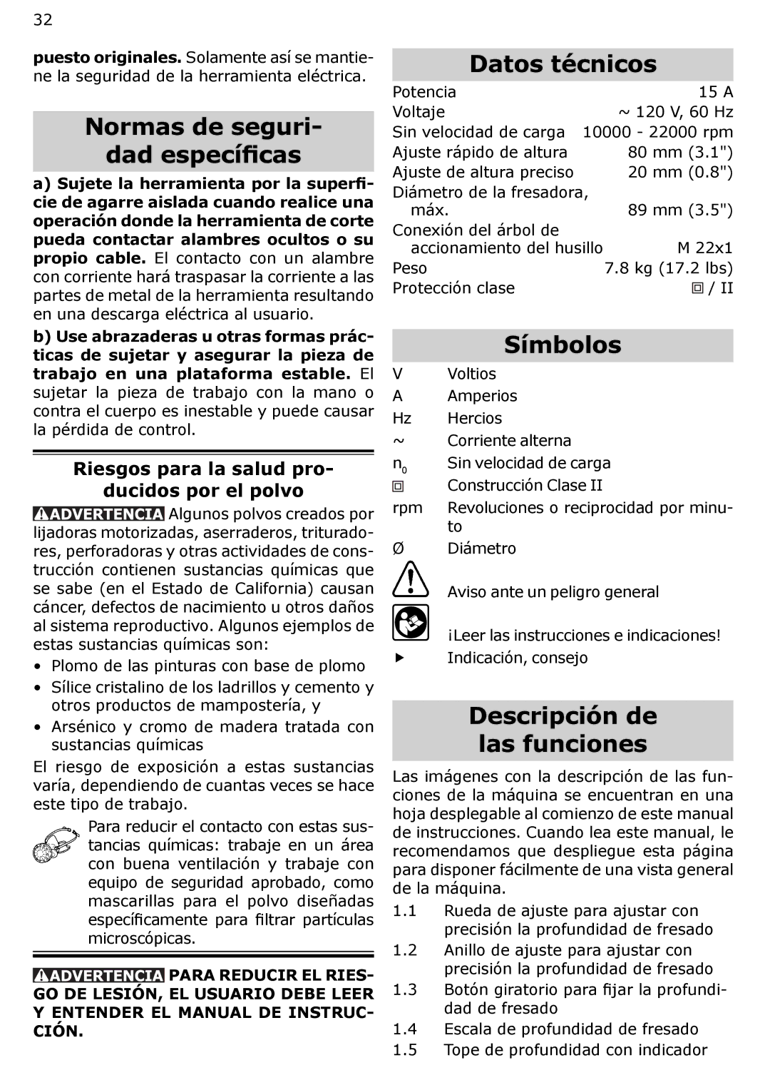 Festool PAC574354, OF 2200 EB Normas de seguri Dad especíﬁcas, Datos técnicos, Símbolos, Descripción de Las funciones 