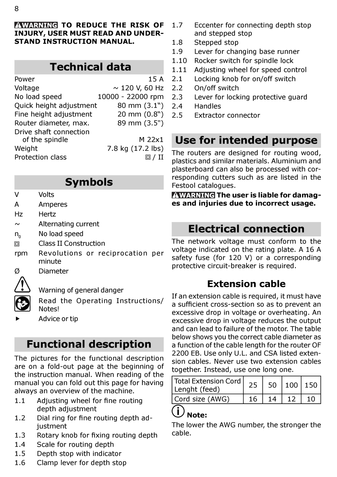 Festool PAC574354 Technical data, Symbols, Functional description, Use for intended purpose, Electrical connection 