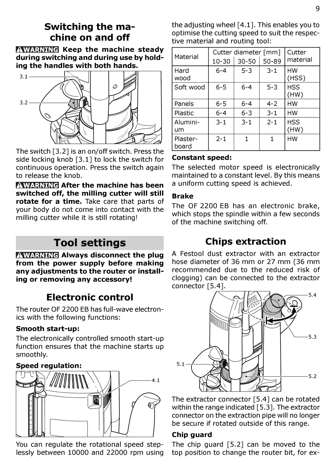 Festool OF 2200 EB, PAC574354 Tool settings, Switching the ma Chine on and off, Electronic control, Chips extraction 