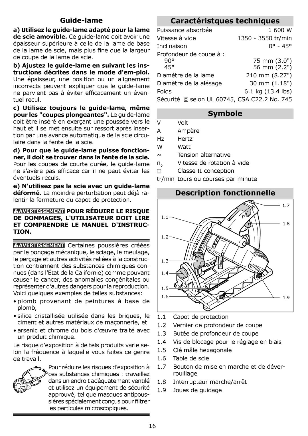 Festool PI561438 instruction manual Caractéristques techniques, Symbole, Description fonctionnelle, Guide-lame 