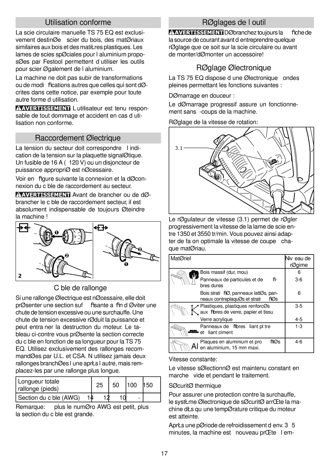 Festool PI561438 Utilisation conforme, Raccordement électrique, Réglages de l’outil, Réglage électronique 