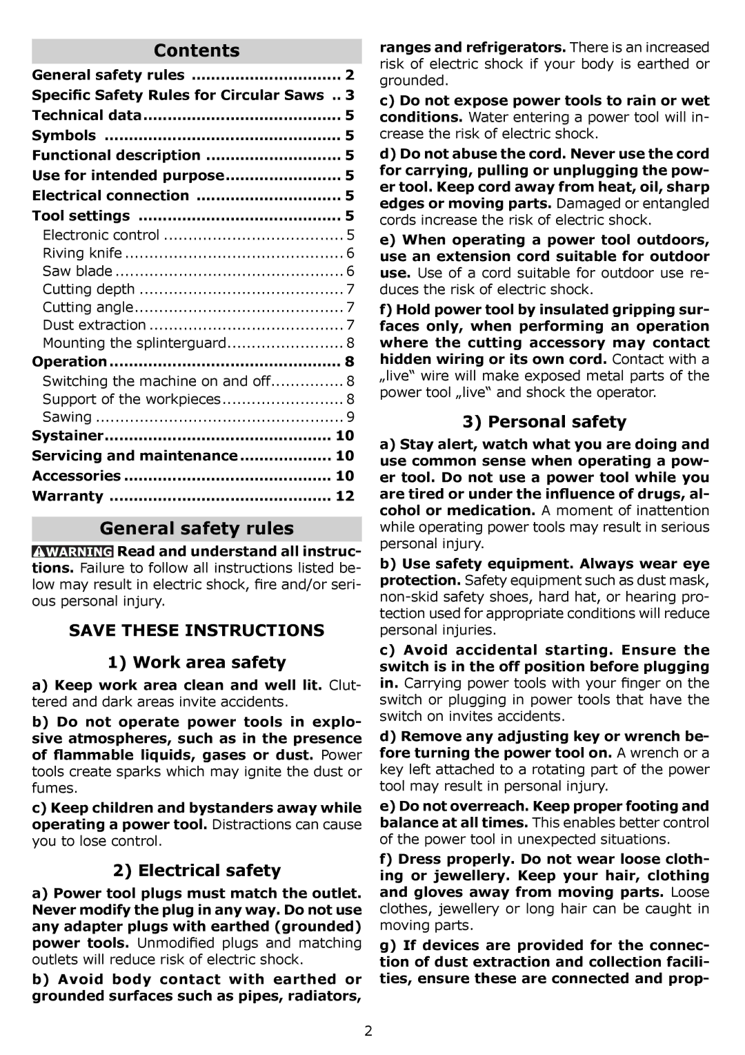 Festool PI561438 instruction manual Contents, General safety rules 