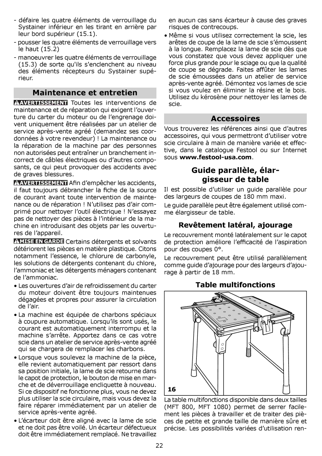 Festool PI561438 Maintenance et entretien, Accessoires, Guide parallèle, élar Gisseur de table, Table multifonctions 