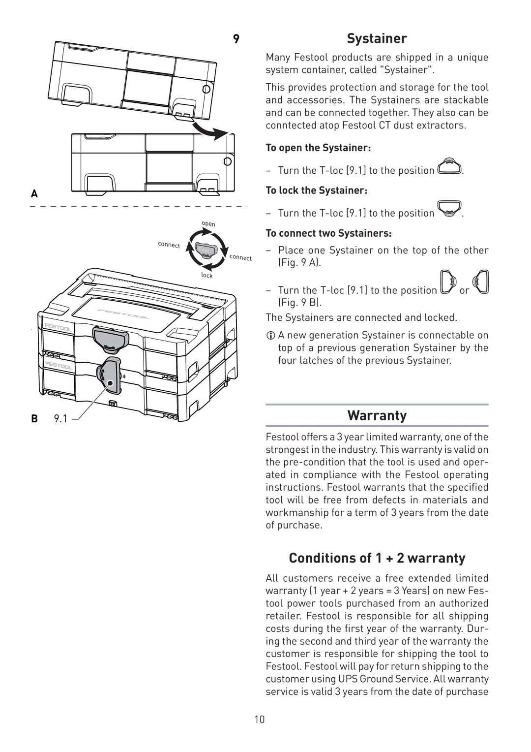 Festool PI567696, PN567696 instruction manual 9Systainer, Warranty, Conditions of 1 + 2 warranty 