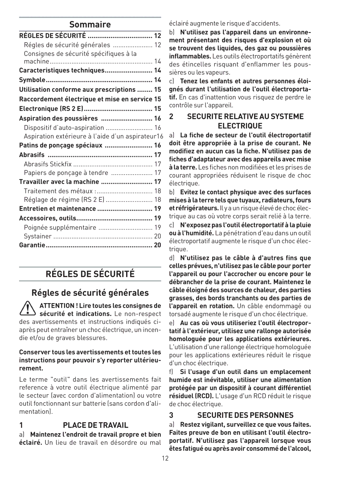 Festool PI567696, PN567696 instruction manual Sommaire, Régles de sécurité générales 